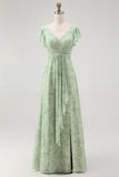 Dusty Sage A Line Robe de demoiselle d’honneur à manches courtes avec fente
