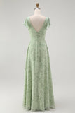 Dusty Sage A Line Robe de demoiselle d’honneur à manches courtes avec fente