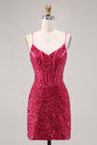 Robe de retour à la maison corset moulante fuchsia scintillante