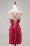 Robe de retour à la maison corset moulante fuchsia scintillante