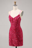 Robe de retour à la maison corset moulante fuchsia scintillante