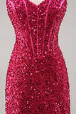 Robe de retour à la maison corset moulante fuchsia scintillante