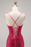 Robe de retour à la maison corset moulante fuchsia scintillante