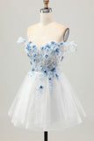 Blanc Bleu Fleur A-ligne Hors L’épaule Corset Robe courte De Cocktail