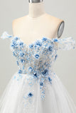 Blanc Bleu Fleur A-ligne Hors L’épaule Corset Robe courte De Cocktail