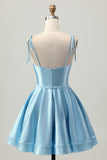 Satin bleu Une ligne courte spaghetti bretelles Robe De Cocktail