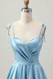 Satin bleu Une ligne courte spaghetti bretelles Robe De Cocktail