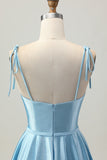 Satin bleu Une ligne courte spaghetti bretelles Robe De Cocktail
