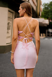 Candy Pink Flower Spaghetti Bretelles Corset Moulante Robe De Cocktail