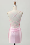 Blush rose moulant spaghetti bretelles Robe de cocktail avec lacets dans le dos