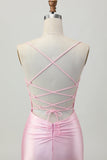 Blush rose moulant spaghetti bretelles Robe de cocktail avec lacets dans le dos