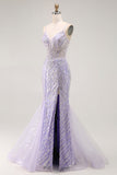 Sirène à paillettes Robe de bal longue violette avec fente