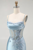 Gris sirène bleue perlée Appliqued Corset longue robe de bal avec fente