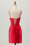 Robe de cocktail courte moulante perlée à bretelles spaghetti rouge foncé avec lacets dans le dos