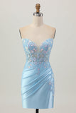 Bleu clair Corset moulant sans bretelles à paillettes froncées Robe de cocktail