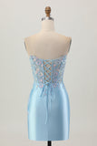Bleu clair Corset moulant sans bretelles à paillettes froncées Robe de cocktail