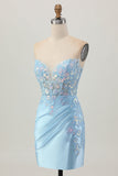 Bleu clair Corset moulant sans bretelles à paillettes froncées Robe de cocktail