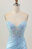 Bleu clair Corset moulant sans bretelles à paillettes froncées Robe de cocktail