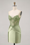 Vert sans bretelles Corset Paillettes Moulante robe de cocktail avec Appliques