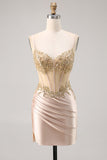 Robe de retour à la maison corset en satin champagne avec paillettes