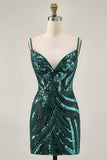 Robe de cocktail courte moulante à paillettes bleu royal scintillante