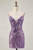 Robe de cocktail courte moulante à paillettes bleu royal scintillante