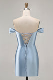 Gris Bleu Épaule Dénudée Satin Ruché Robe de Retrouvailles avec Fente