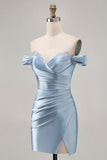 Gris Bleu Épaule Dénudée Satin Ruché Robe de Retrouvailles avec Fente