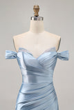 Gris Bleu Épaule Dénudée Satin Ruché Robe de Retrouvailles avec Fente
