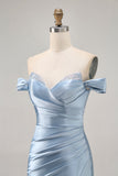 Gris Bleu Épaule Dénudée Satin Ruché Robe de Retrouvailles avec Fente