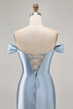 Gris Bleu Épaule Dénudée Satin Ruché Robe de Retrouvailles avec Fente