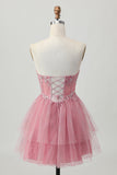 Dusty Rose A-ligne Bretelle sans bretelles à plusieurs niveaux Tulle Robe de cocktail avec perles