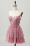 Dusty Rose A-ligne Bretelle sans bretelles à plusieurs niveaux Tulle Robe de cocktail avec perles