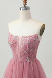 Dusty Rose A-ligne Bretelle sans bretelles à plusieurs niveaux Tulle Robe de cocktail avec perles