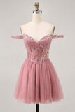 Épaule dénudée Dusty Rose Floral A Line Homecoming Dress