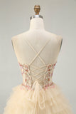 Abricot Spaghetti Bretelles Corset Une Ligne Volantée Robe de cocktail