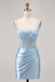 Bleu moulante paillettes Corset perlé robe de cocktail avec appliques