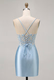 Bleu moulante paillettes Corset perlé robe de cocktail avec appliques