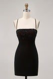 Noir moulante spaghetti bretelles robe de cocktail avec perles