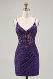 Robe de cocktail corset violet foncé scintillante avec paillettes