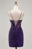 Robe de cocktail corset violet foncé scintillante avec paillettes