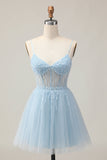 Bleu clair Une ligne perlée courte paillettes Homecoming Dress avec lacets dans le dos