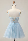 Bleu clair Une ligne perlée courte paillettes Homecoming Dress avec lacets dans le dos
