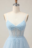 Bleu clair Une ligne perlée courte paillettes Homecoming Dress avec lacets dans le dos
