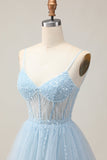 Bleu clair Une ligne perlée courte paillettes Homecoming Dress avec lacets dans le dos