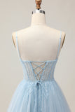 Bleu clair Une ligne perlée courte paillettes Homecoming Dress avec lacets dans le dos