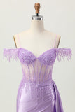 Robe courte corset perlée à paillettes lilas à épaules dénudées