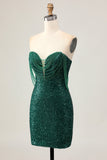 Robe moulante à paillettes vert foncé scintillante à épaules dénudées
