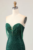 Robe moulante à paillettes vert foncé scintillante à épaules dénudées