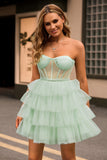 Vert clair Une ligne sans bretelles Corset Robe De Cocktail à plusieurs niveaux